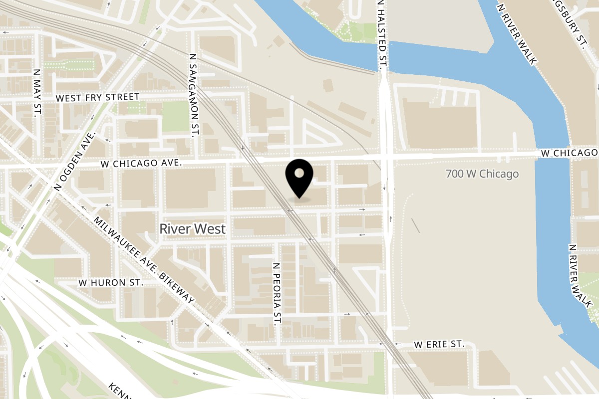 Map showing the location of The Port of Peri Peri Chicago Superior St on 850 W Superior St in Chicago