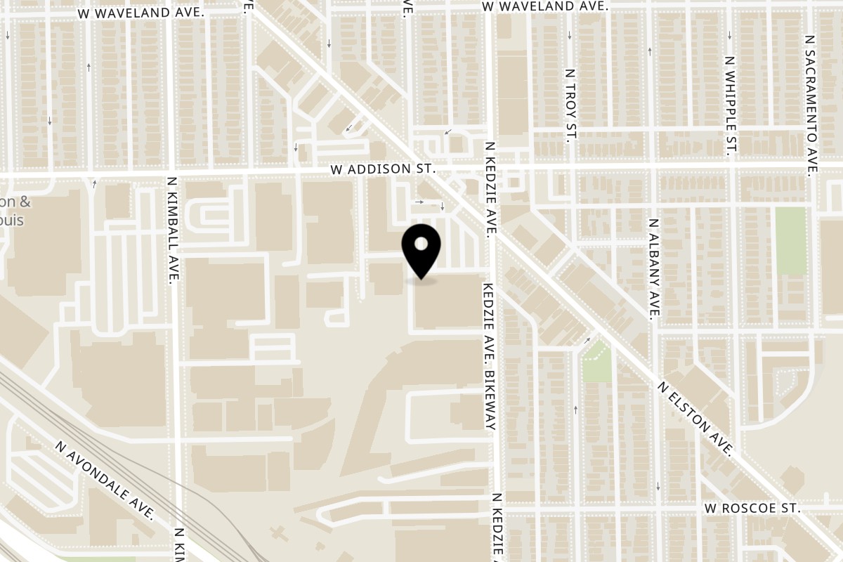 Map showing the location of The Port of Peri Peri Chicago Spaulding Ave on 3517 N Spaulding Ave in Chicago